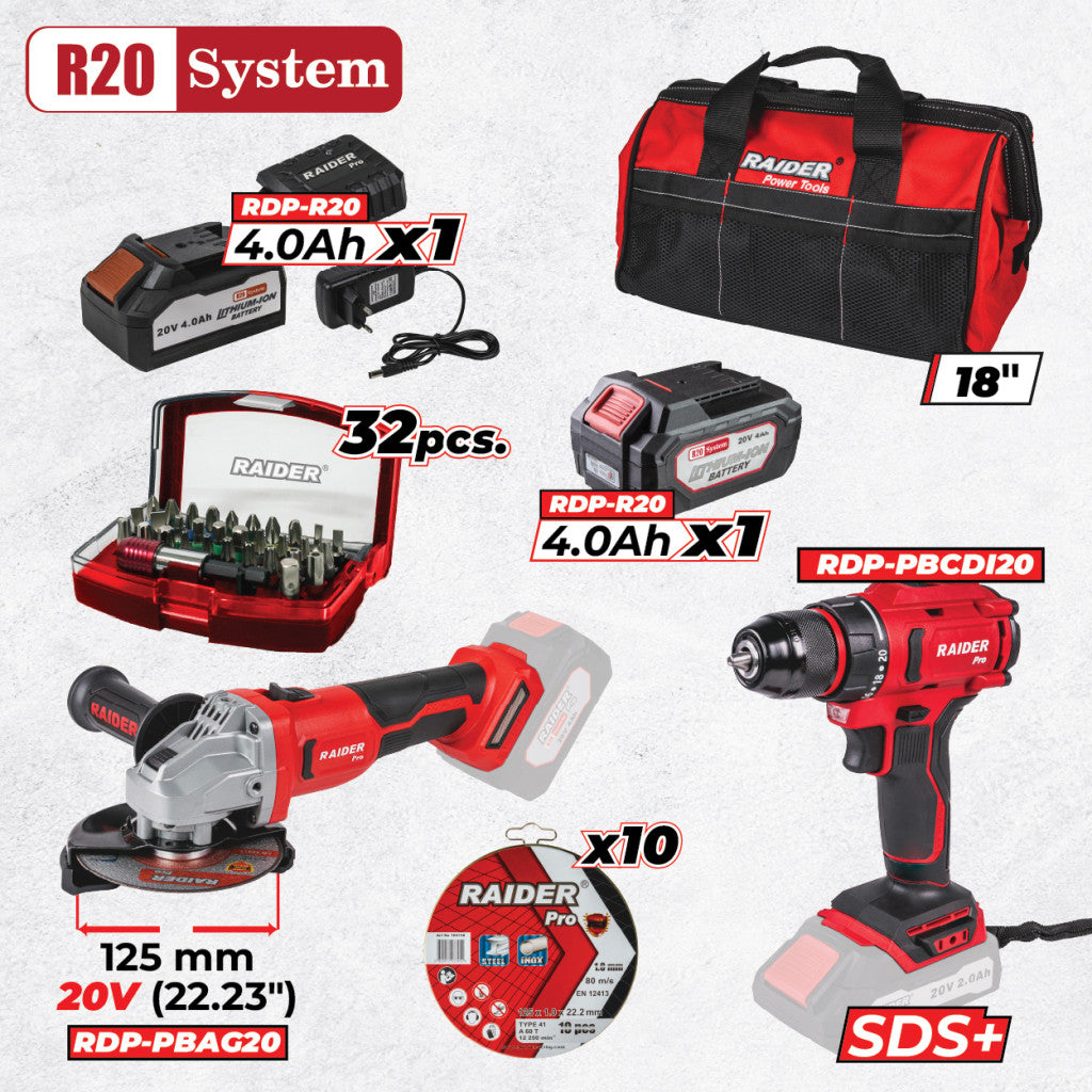 Raider Pro R20 RDP-BXS14 | Безчетков комплект 20V 2x4Ah