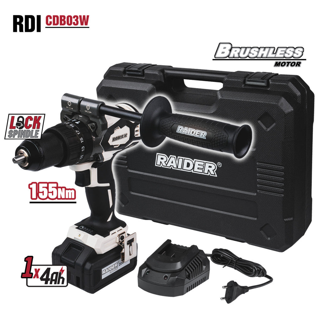 Бормашина ударна безч. 20V 2-ск. 4Ah 155Nm куфар RDI-CDB03W – Raider Industrial