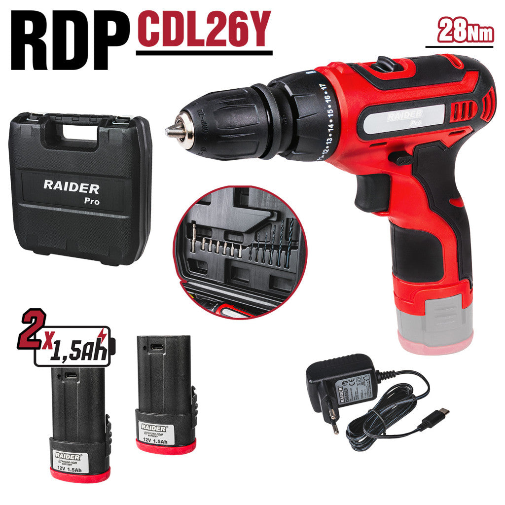 Бормашина акум. 12V 2-ск. 2x1.5Ah 28Nm RAIDER RD-CDL26 – Raider Power Tools