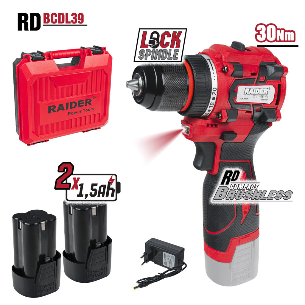 Бормашина безч. 16V 2ск. мет. патр. 2x1,5Ah куфар RD-BCDL39 – Raider Power Tools
