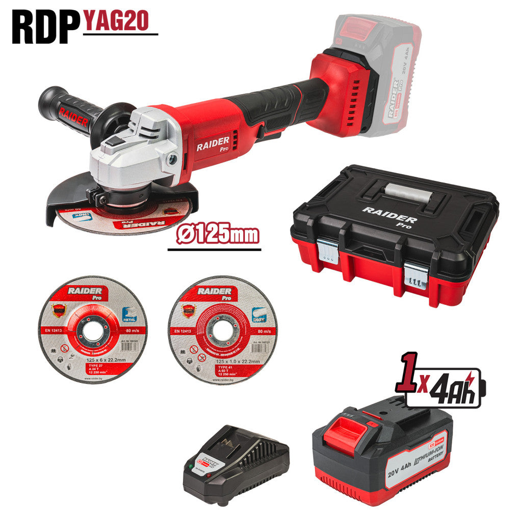 R20 Ъглошлайф Ø125mm 4Ah 2 диска Куфар RAIDER PRO RDP-YAG20 – Raider Pro