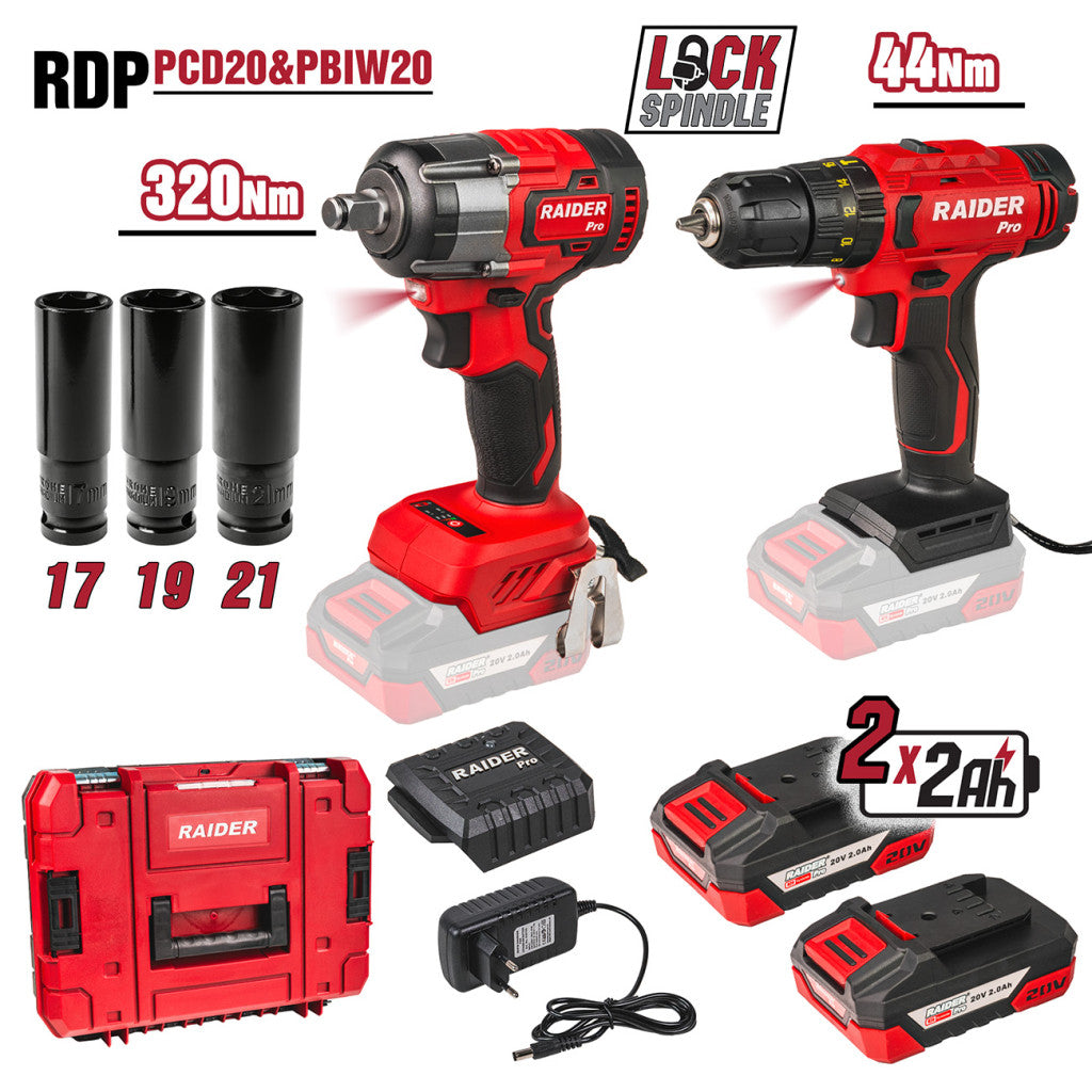R20 Бормашина & Безч.Гайковерт320Nm2x2AhCaseRDP-PCD20&PBIW20 – Raider Pro