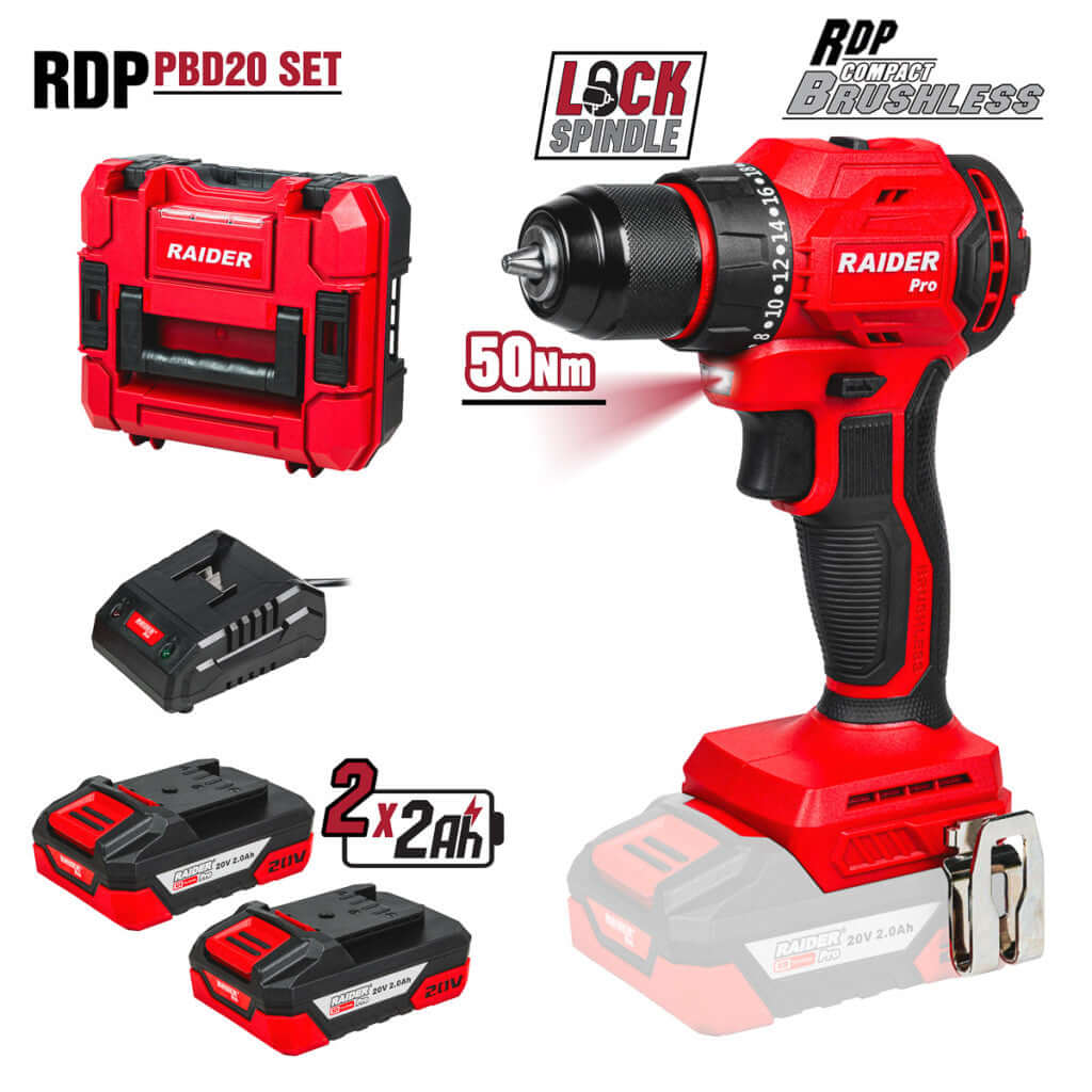 R20 Бормашина безч. 2-ск. 10mm 50Nm 2x2Ah Case RDP-PBD20 – Raider Pro
