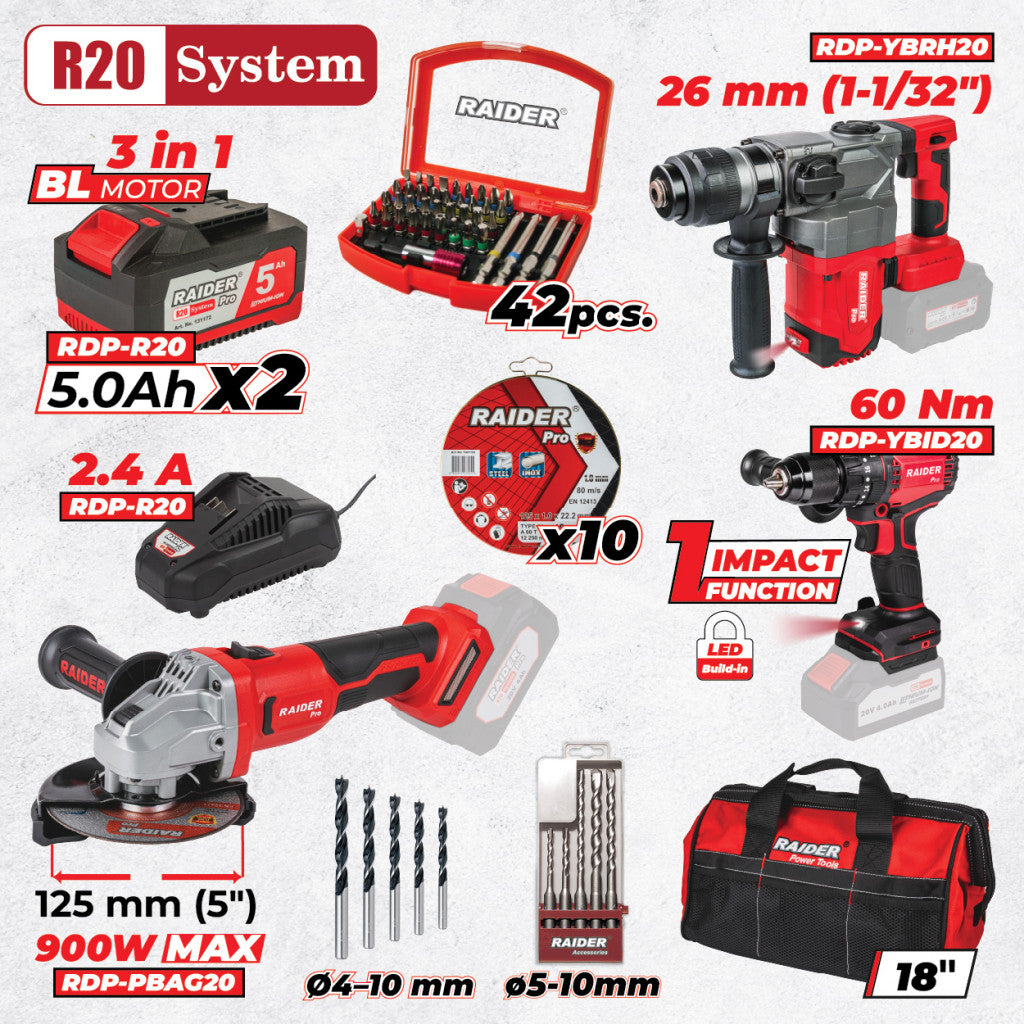 R20 Комплект 3 безчеткови машини 2x5Ah + 6 RDP-BXS1 Raider Pro - BGShopping.net
