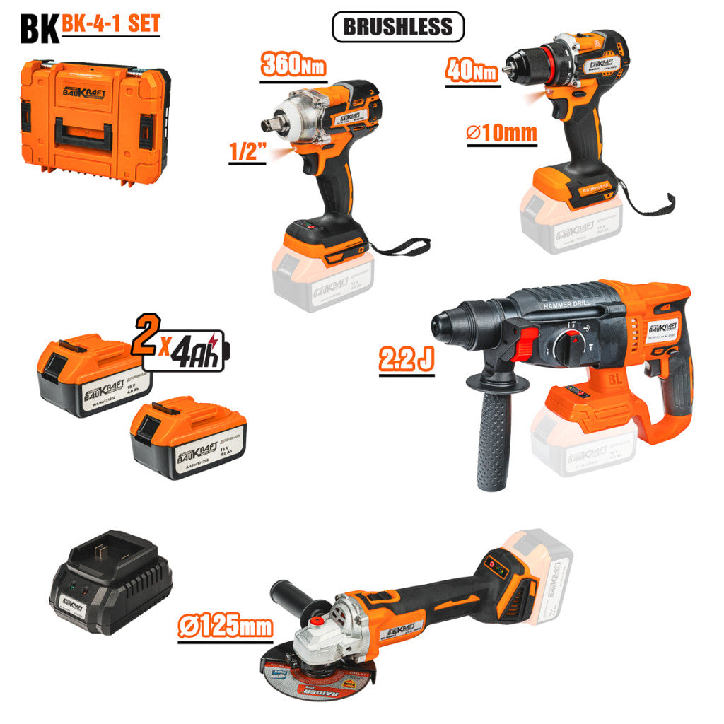 К-т Безч. Ъглошл. Перфор. Гайк. Борм. 18V 2x4Ah куфар BK-4-1 Baukraft BGShopping.net