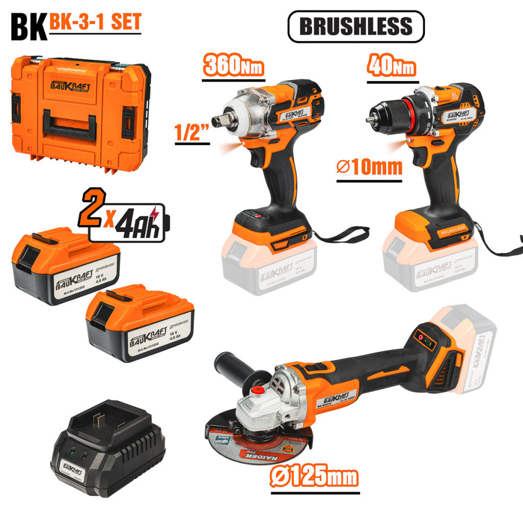 К-т Безч. Ъглошлайф Гайковерт Бормаш. 18V 2x4Ah куфар BK-3-1 Baukraft - BGShopping.net