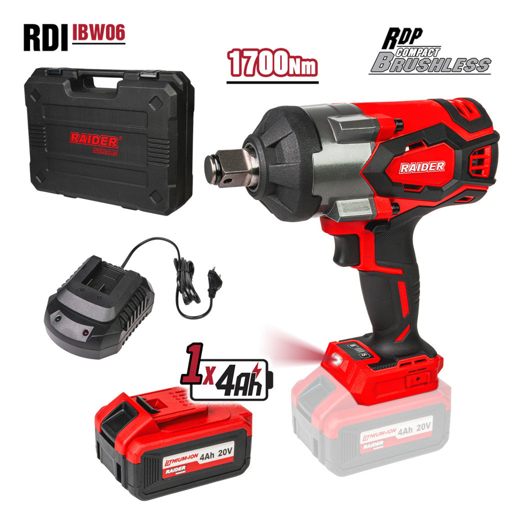 Гайковерт безч. 20V 3-ск.4Ah 1700Nm 3/4" LED куфар RDI-IBW06 – Raider Industrial