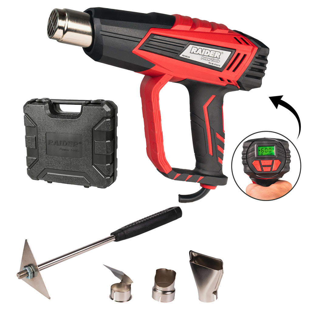 Пистолет за горещ въздух 2000W 2степ. LCD 5ак. куфар RAIDER RD-HG28 – Raider Power Tools