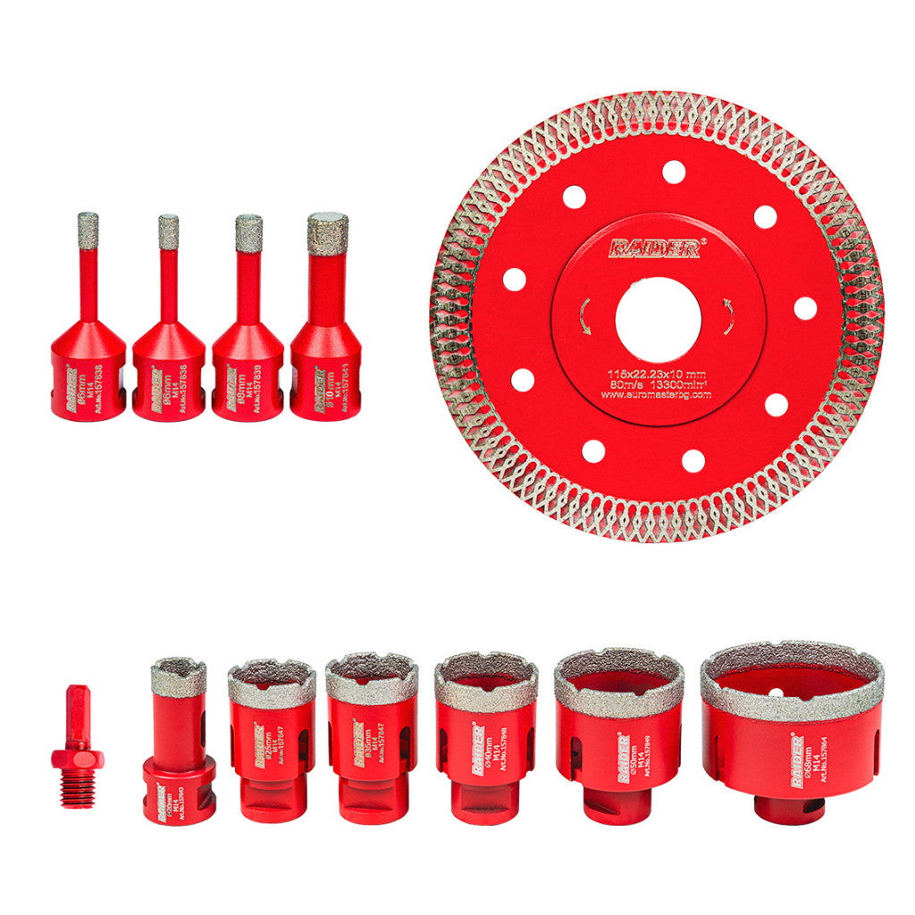 Боркорони Diamond Dry M14 Ø6-68mm+Диск+AL Case Set 12 бр. Raider Power Tools - BGShopping.net