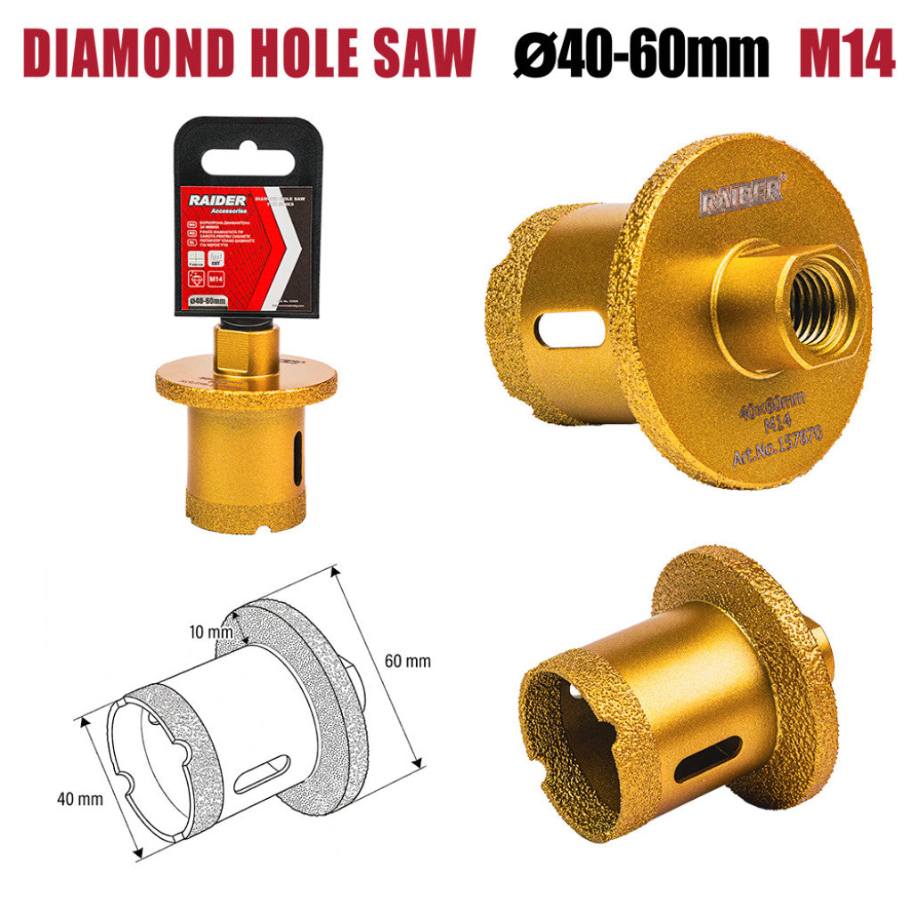 Боркорона Diamond за мивки Ø40–60mm x M14 Raider Power Tools - BGShopping.net