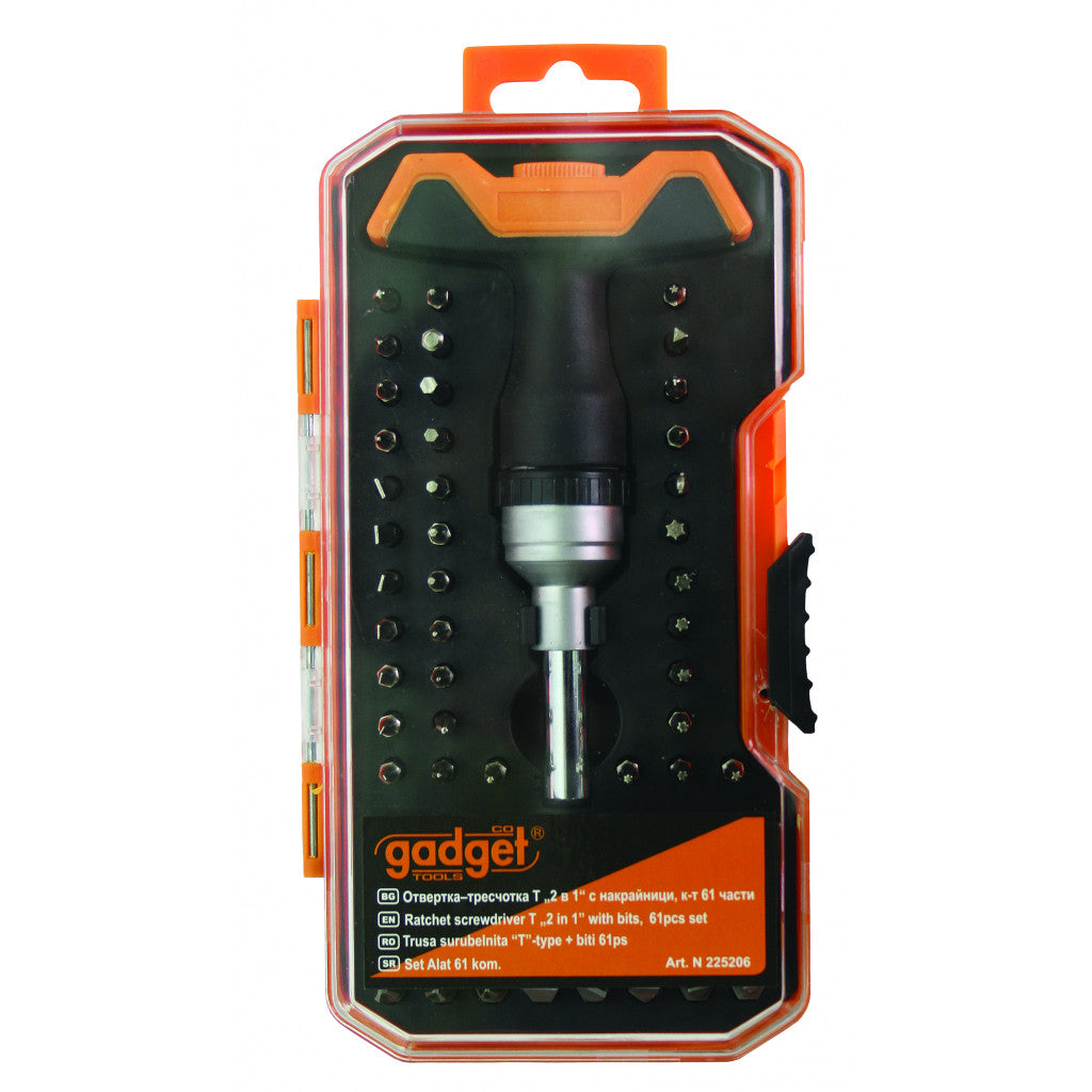 Отвертка-тресчотка Т дръжка "2 в 1" с накр. к-т 61 части GADGET Gadget BGShopping.net