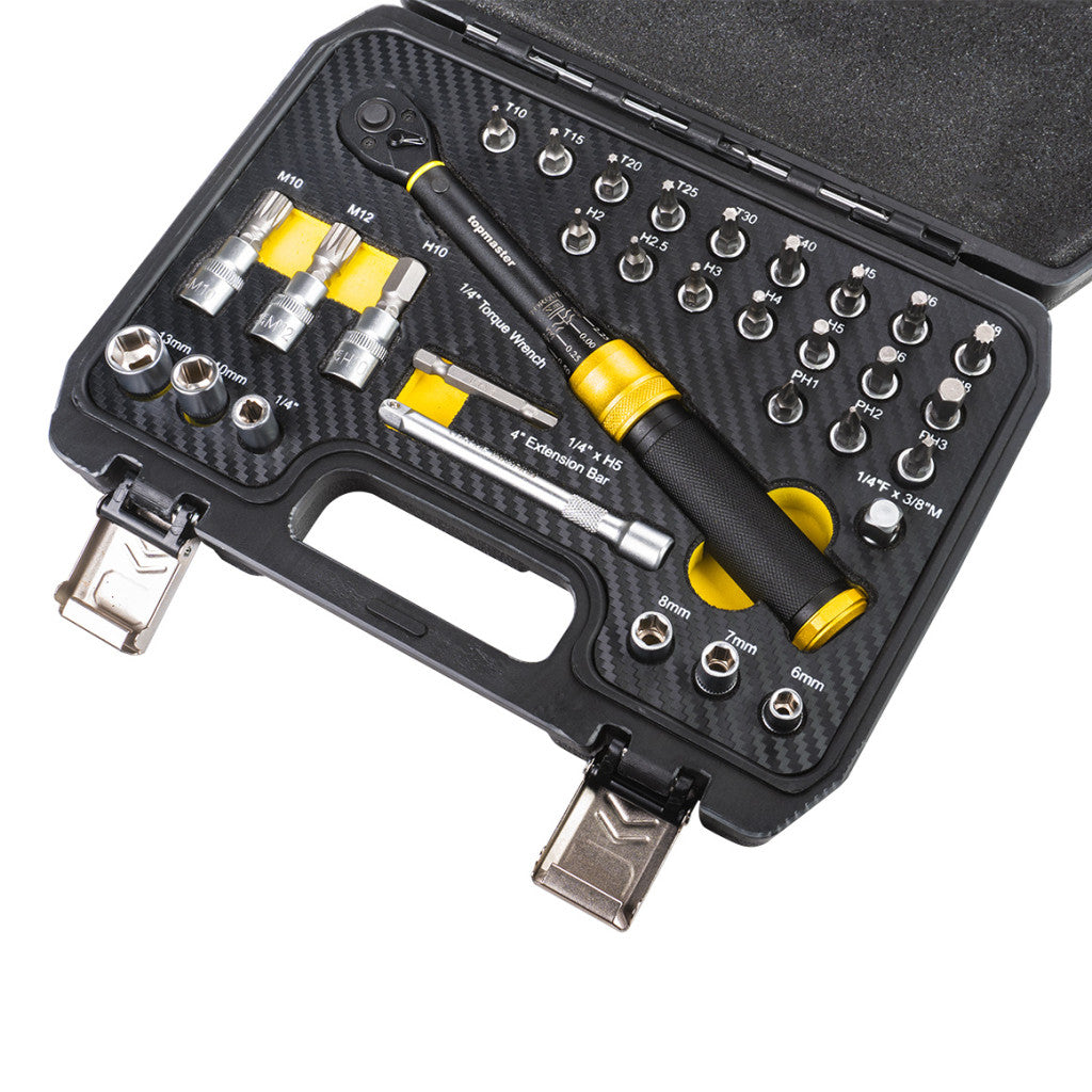 К-кт динамометричен ключ с вложки и удължител 1/4 5-25Nm Topmaster Professional – Top Master Pro