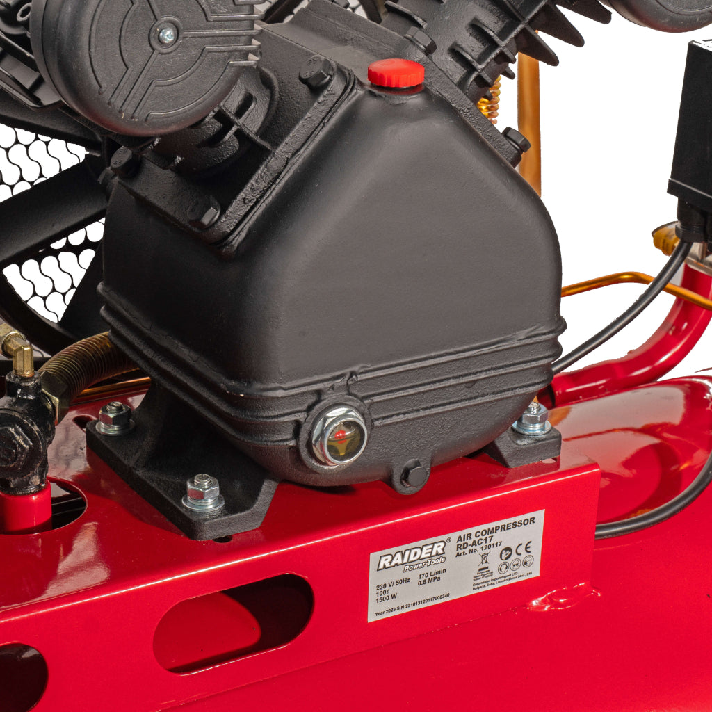 Компресор 100L 1.5kW 170L/min 2цил. ремък RAIDER RD-AC17 - снимка 3