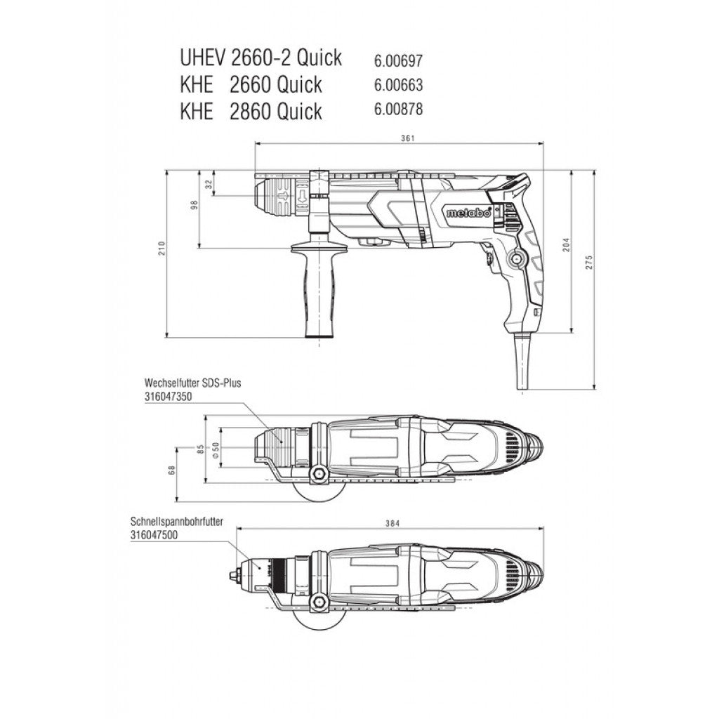 Перфоратор 800W 26mm SDS+ METABO UHE 2660-2 QUICK MULTI - снимка 3