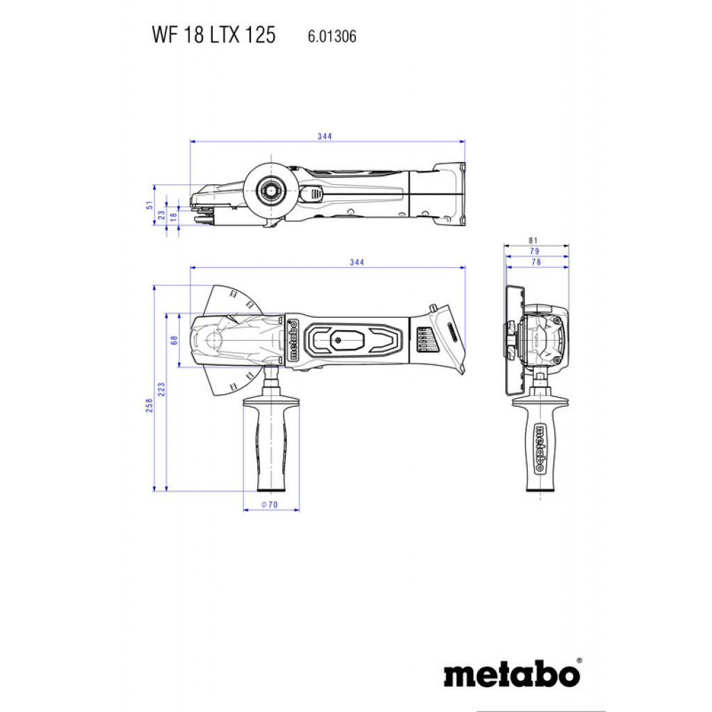 Ъглошлайф акум. с плоска глава METABO WF 18 LTX 125 Solo кут - снимка 3