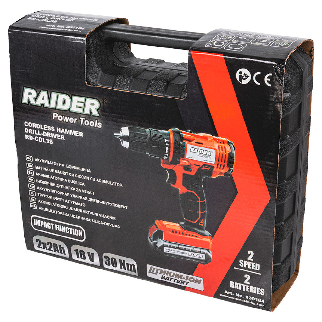 Бормашина ударна 18V 2-ск. 2x2Ah 30Nm 10mm куфар RAIDER RD-CDL38 - снимка 7