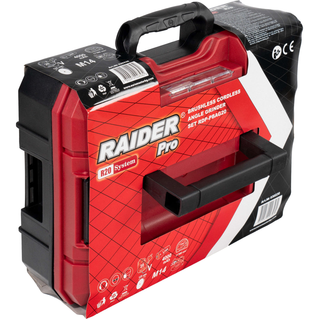 R20 Ъглошлайф акум.безчетков Ø125mm 4Ah в куф. RAIDER PRO RDP-PBAG20Set - снимка 7