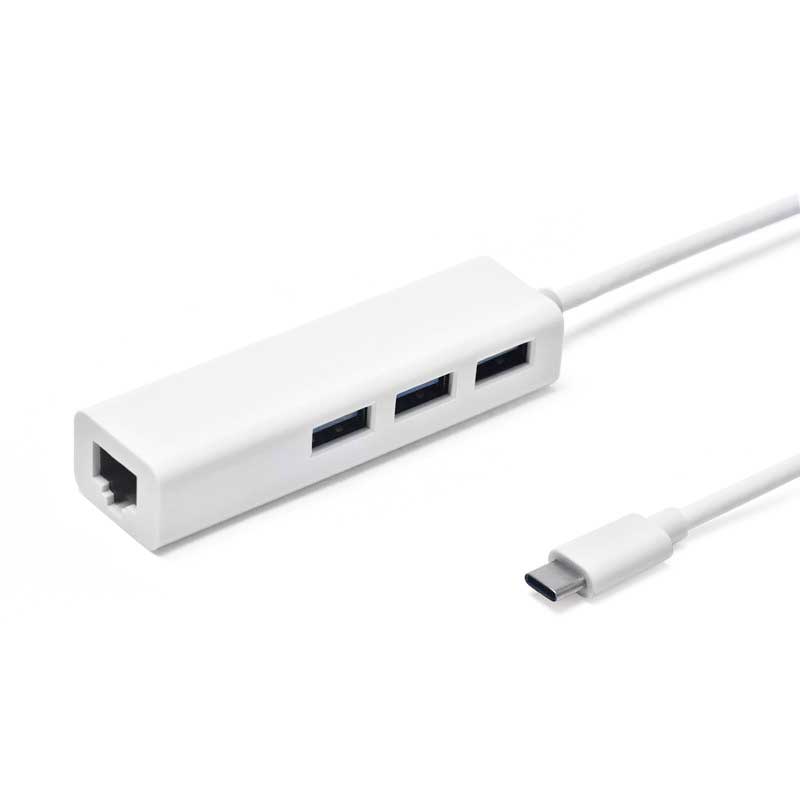 USB Hub, No Brand, USB 3.1 Type-C + Мрежов адаптер, 3 Порта, Бял - 12049