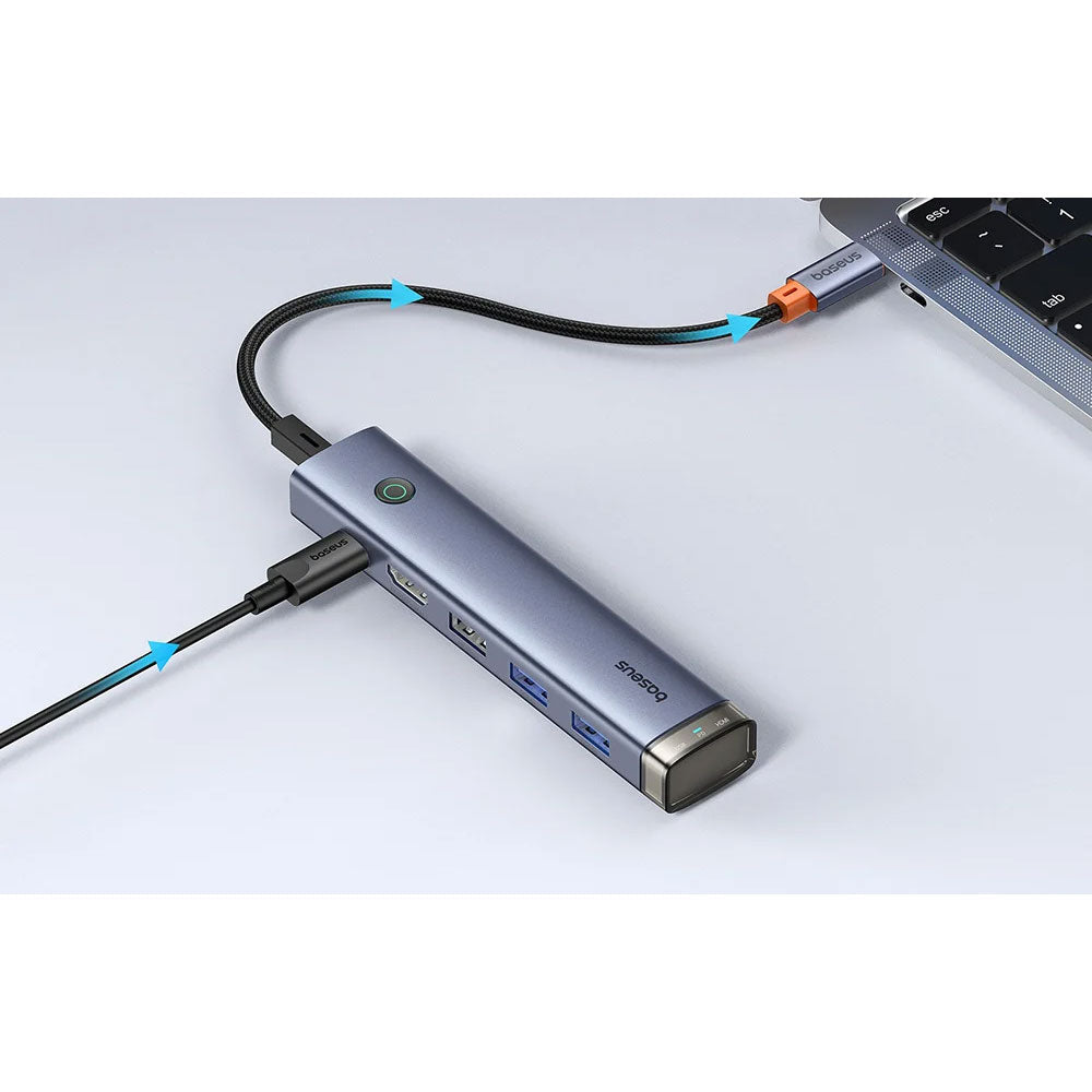 Докинг станция Baseus UltraJoy, 6 порта, Type-C към 2xUSB 3.0, USB 2.0, Type-C, PD, HDMI, RJ45, Сив - 12070