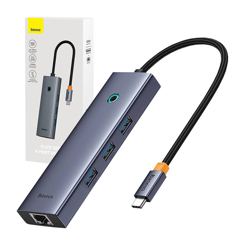 USB хъб Baseus UltraJoy, 5 Порта, Type-C към 3xUSB 3.0, RJ45, PD Сив - 12071