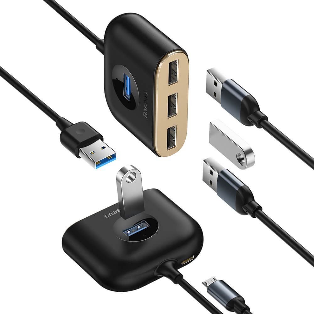 USB хъб Baseus Square round, 4 Порта, USB към 3xUSB 2.0, 1xUSB 3.0, 1.0m, Черен - 12077