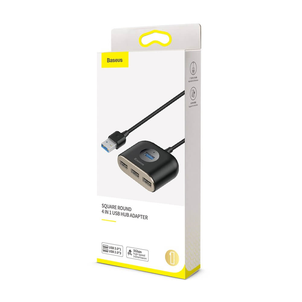 USB хъб Baseus Square round, 4 Порта, USB към 3xUSB 2.0, 1xUSB 3.0, 1.0m, Черен - 12077