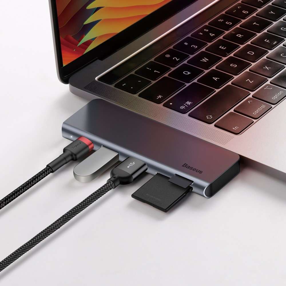 USB хъб Baseus Harmonica, 5 Порта, Type-C към 2xUSB 3.0, PD, TF, Micro SD, Сив - 12078