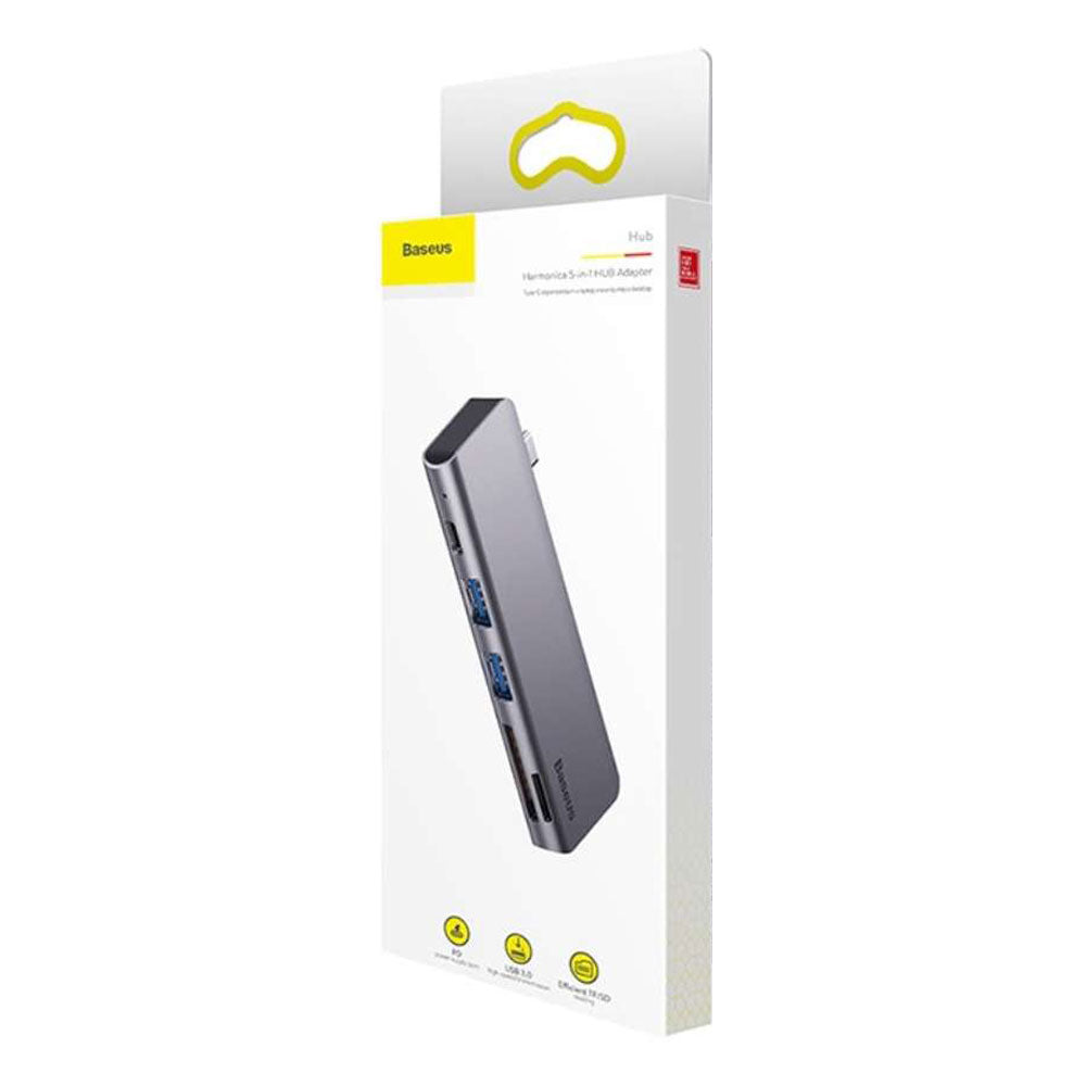 USB хъб Baseus Harmonica, 5 Порта, Type-C към 2xUSB 3.0, PD, TF, Micro SD, Сив - 12078