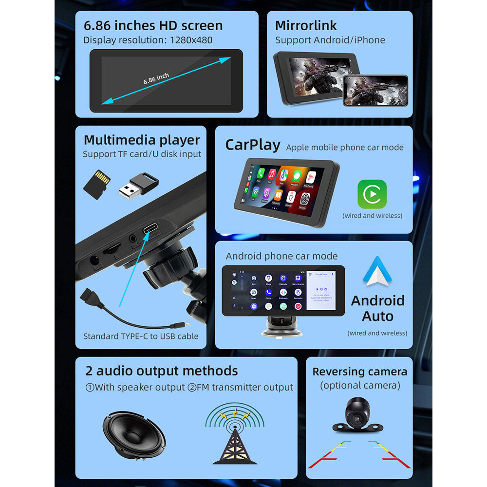 Преносим CarPlay / Android Auto дисплей No brand, X5368, 6.86", За автомобил - 13327