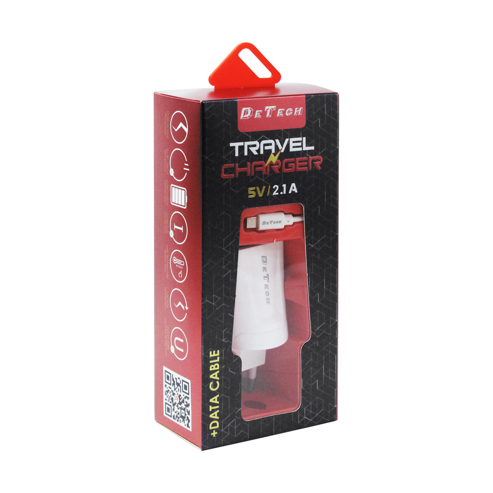 Мрежово зарядно устройство, DeTech, DE-01M, 5V/2.1A, 220V,2 x USB, С Micro USB кабел, 1.0m, Бял - 14119