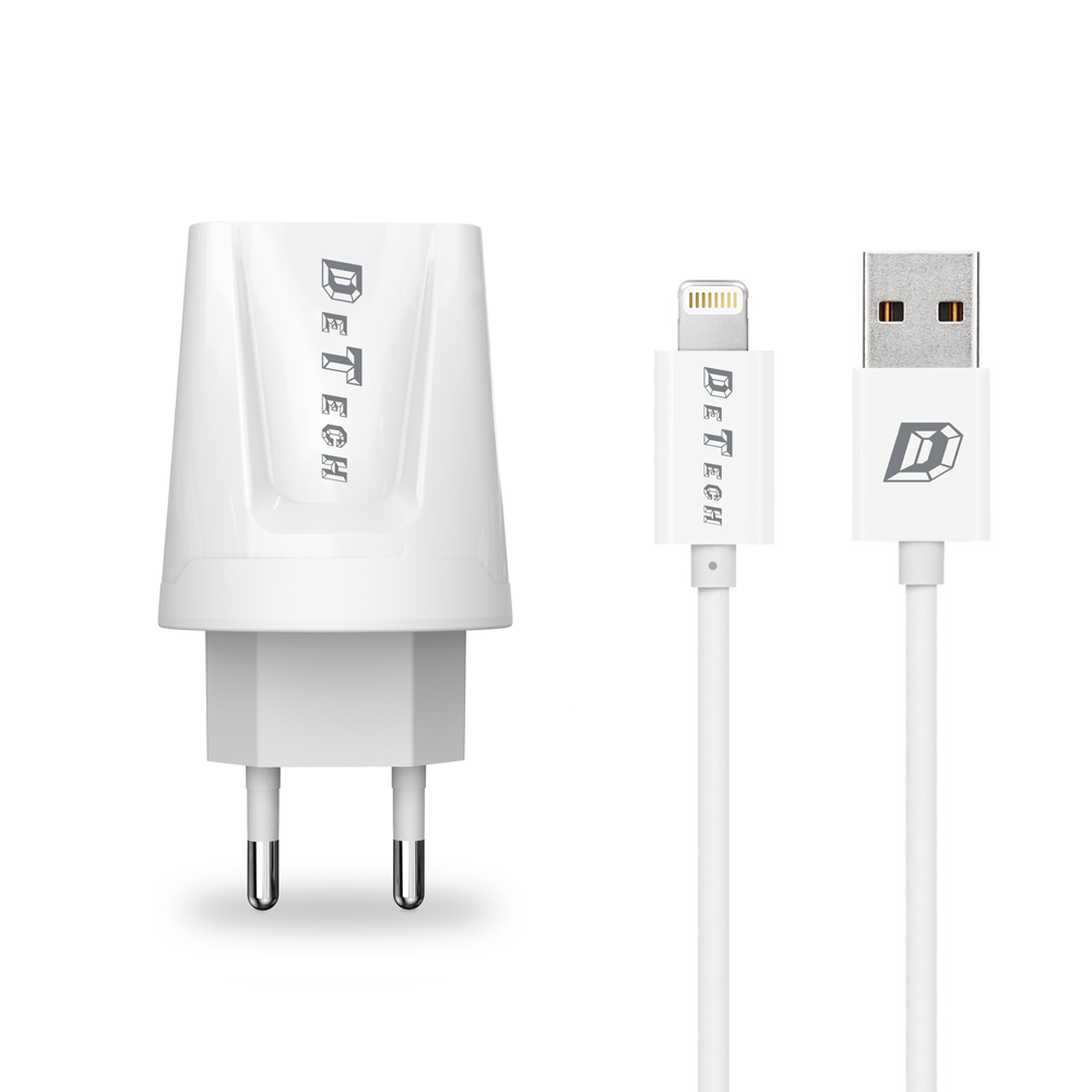 Мрежово зарядно устройство, DeTech, DE-01i, 5V/2.1A, 220V,1 x USB, С Lightning кабел, 1.0m, Бял - 14120