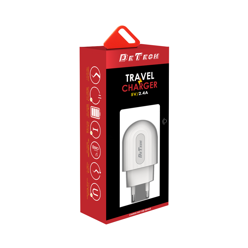 Мрежово зарядно устройство DeTech, DE-28, 5V/2.4A 220V, 1 x USB, Бял - 14132