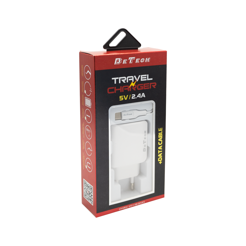 Мрежово зарядно устройство DeTech DE-09i, 5V/2.4A, 220V, 2 x USB, С Lightning кабел, 1.0m, Бял - 14142