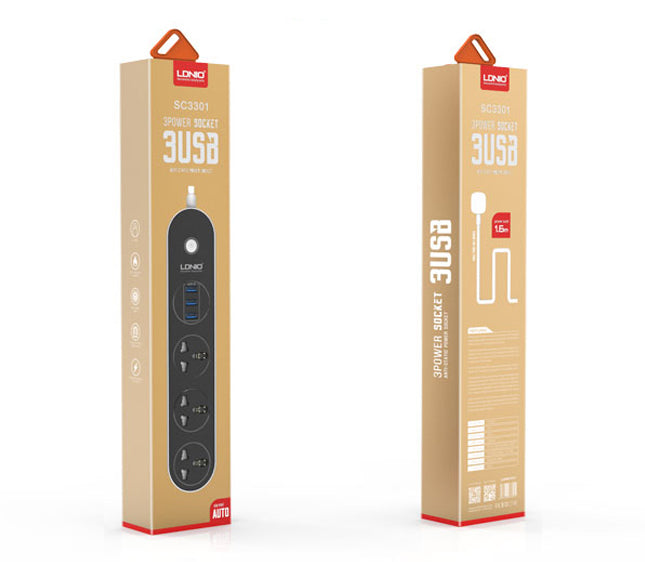 Разклонител шуко, LDNIO SC3301, с 3 гнезда и 3 USB изхода, 3.1А, 1,6м, Черен - 14364