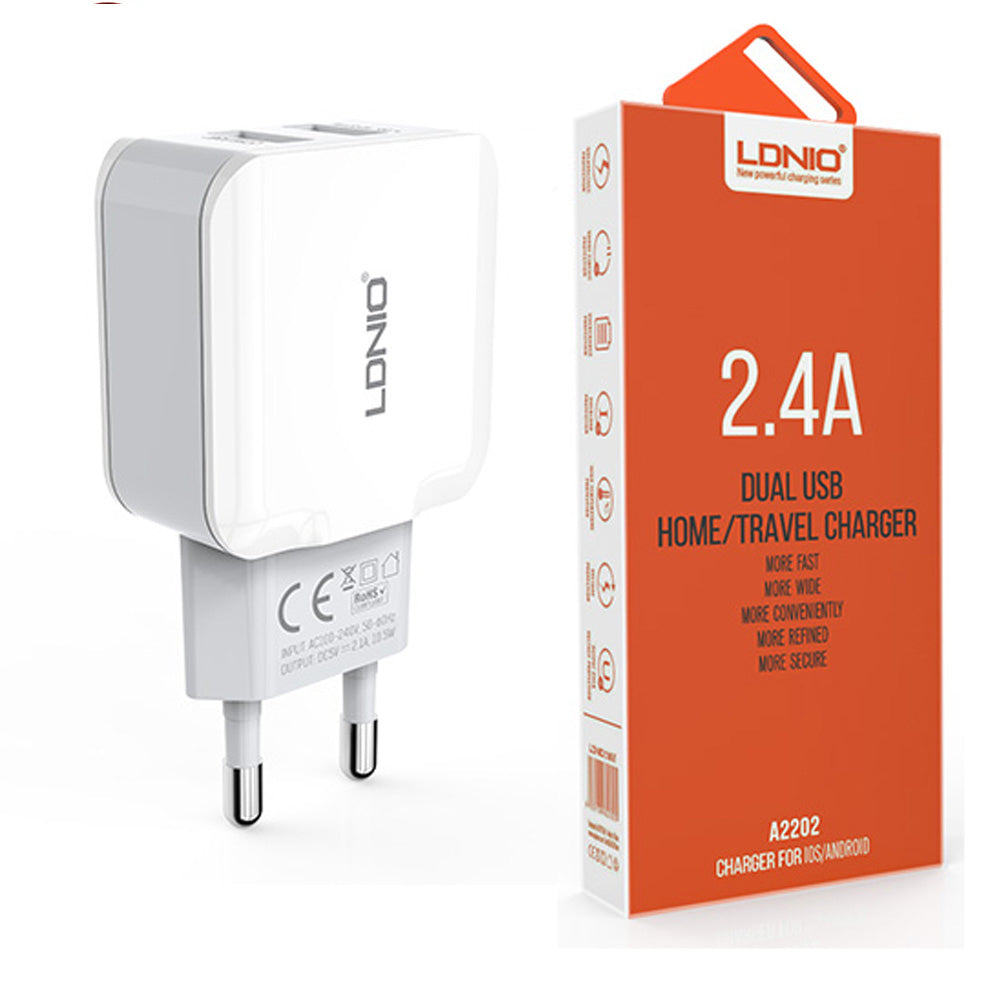 Мрежово зарядно устройство, LDNIO A2202, 5V 2.4A, Универсално, 2 x USB, без кабел, Бял - 14368