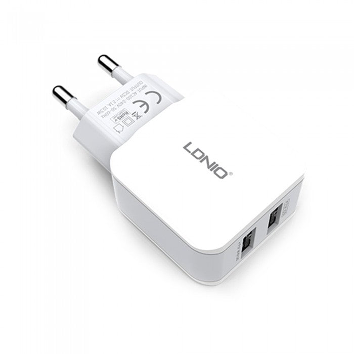 Мрежово зарядно устройство, LDNIO A2202, 5V 2.4A, Универсално, 2 x USB, без кабел, Бял - 14368
