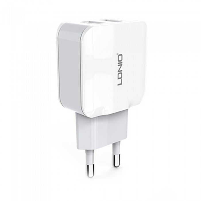 Мрежово зарядно устройство, LDNIO A2202, 5V 2.4A, Универсално, 2 x USB, без кабел, Бял - 14368