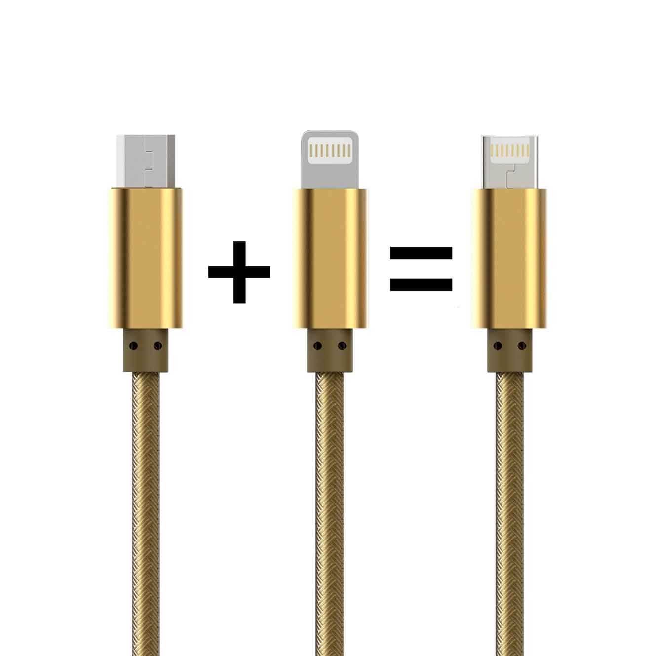 Кабел за данни, LDNIO, 2 в 1, Micro USB + Lightning (iPhone 5/6/7), С оплетка, Златист - 14490