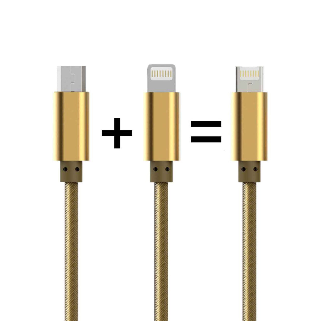 Кабел за данни, LDNIO, 2 в 1, Micro USB + Lightning (iPhone 5/6/7), С оплетка, Златист - 14490