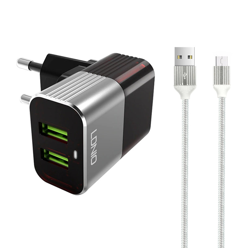 Мрежово зарядно устройство LDNIO A2206, 5V 2.4A, 2 x USB, С Micro USB кабел, Сив - 14739