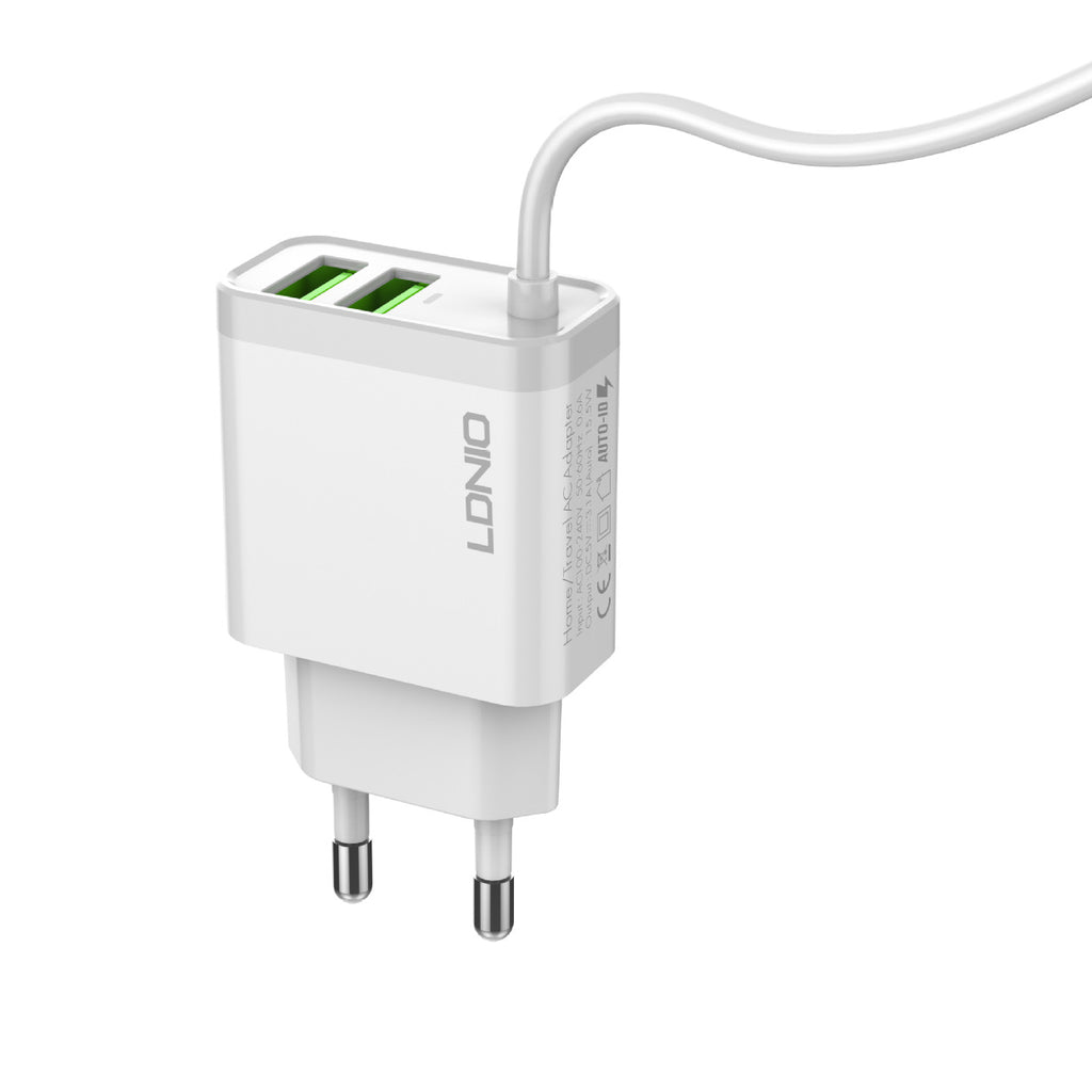 Мрежово зарядно устройство LDNIO A321, 5V 3.1A, 2 x USB, С кабел за iPhone 5/6/7SE, Бял - 14742