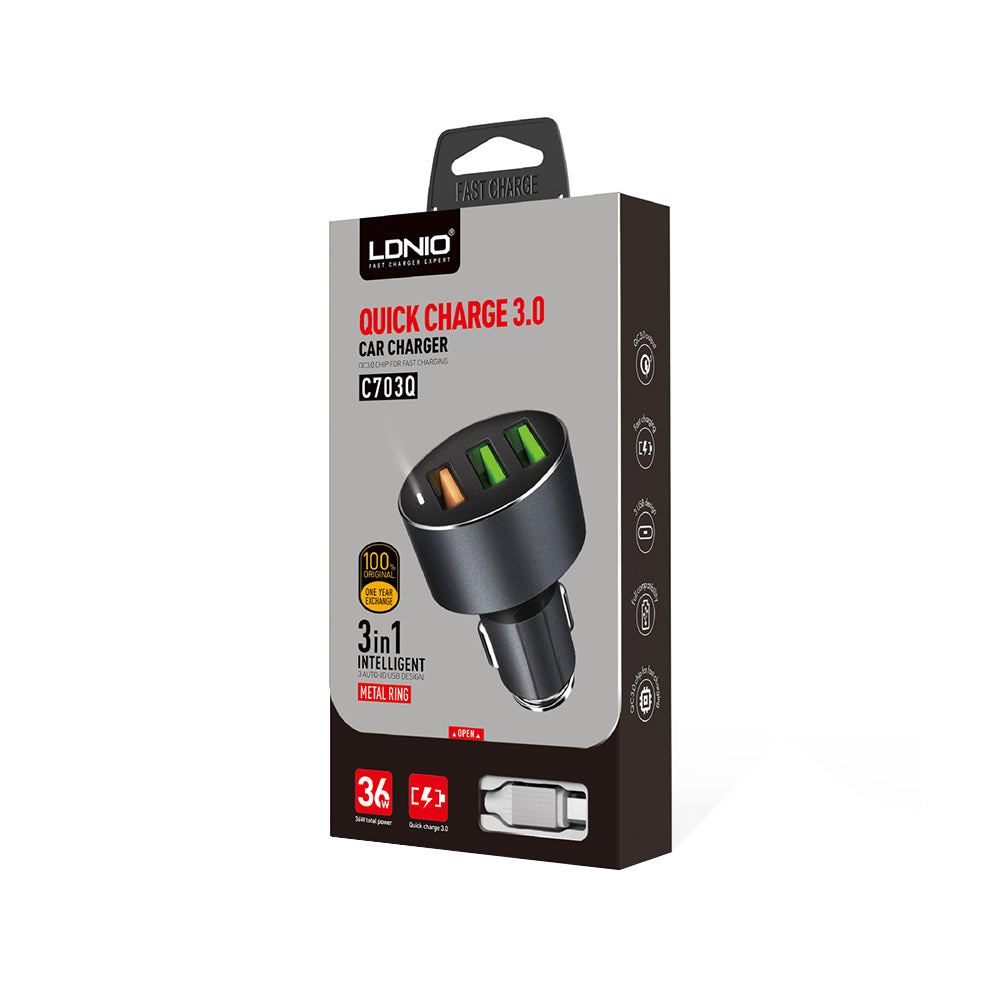Зарядно устройство за кола LDNIO C703Q, Quick Charge 3.0, 3xUSB, С Lightning кабел (iPhone 5/6/7) - 14753