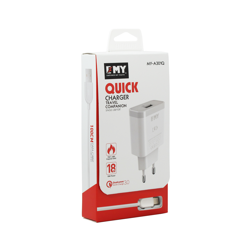 Мрежово зарядно устройство EMY MY-A301Q, Quick Charge 3.0, Lightning Кабел, Бял - 14960