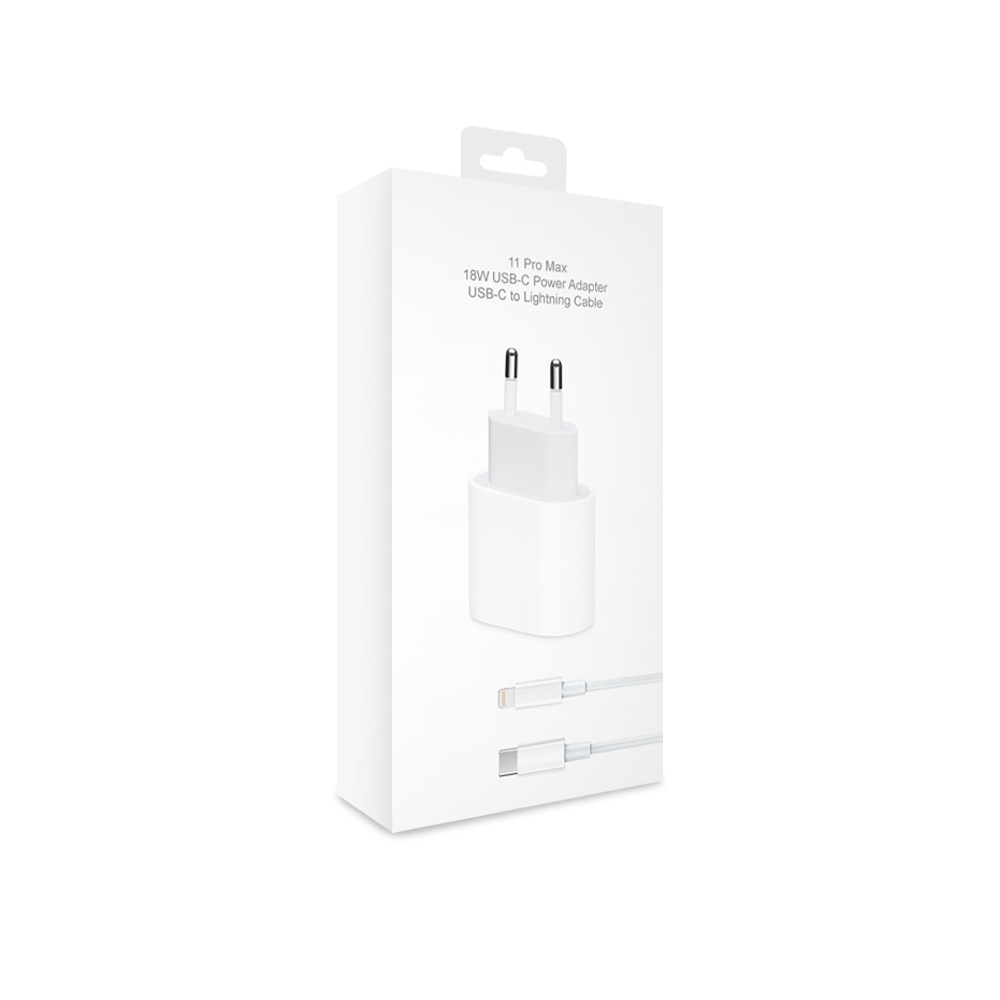 Мрежово зарядно устройство No brand, iPhone 11 Pro, 1xType-C PD, 5V/3.0A, + Кабел Type-C към Lightning , 1.0m, Бял - 14991