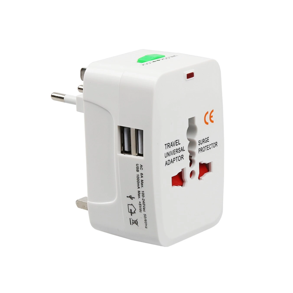 Универсален преходник - зарядно No brand, 2xUSB, 1.0A, EU/US/UK/AU към EU/US/UK/AU, 220V, Бял - 17708