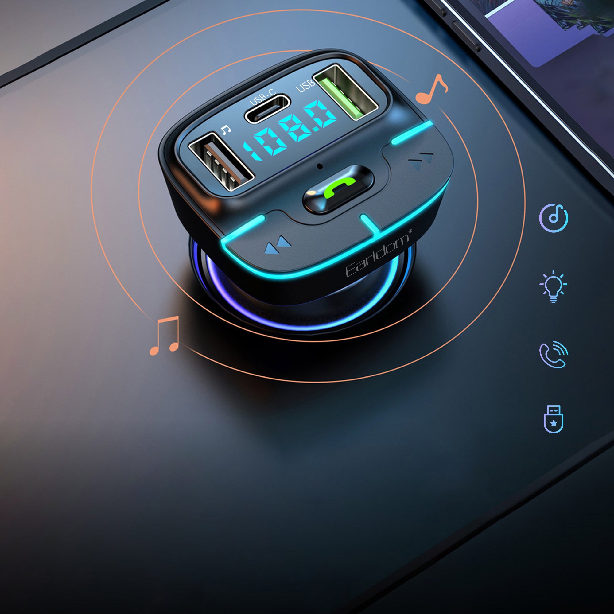 FM Трансмитер Earldom ET-M101, Bluetooth, USB, Type-C, 3.1A, Черен - 17766