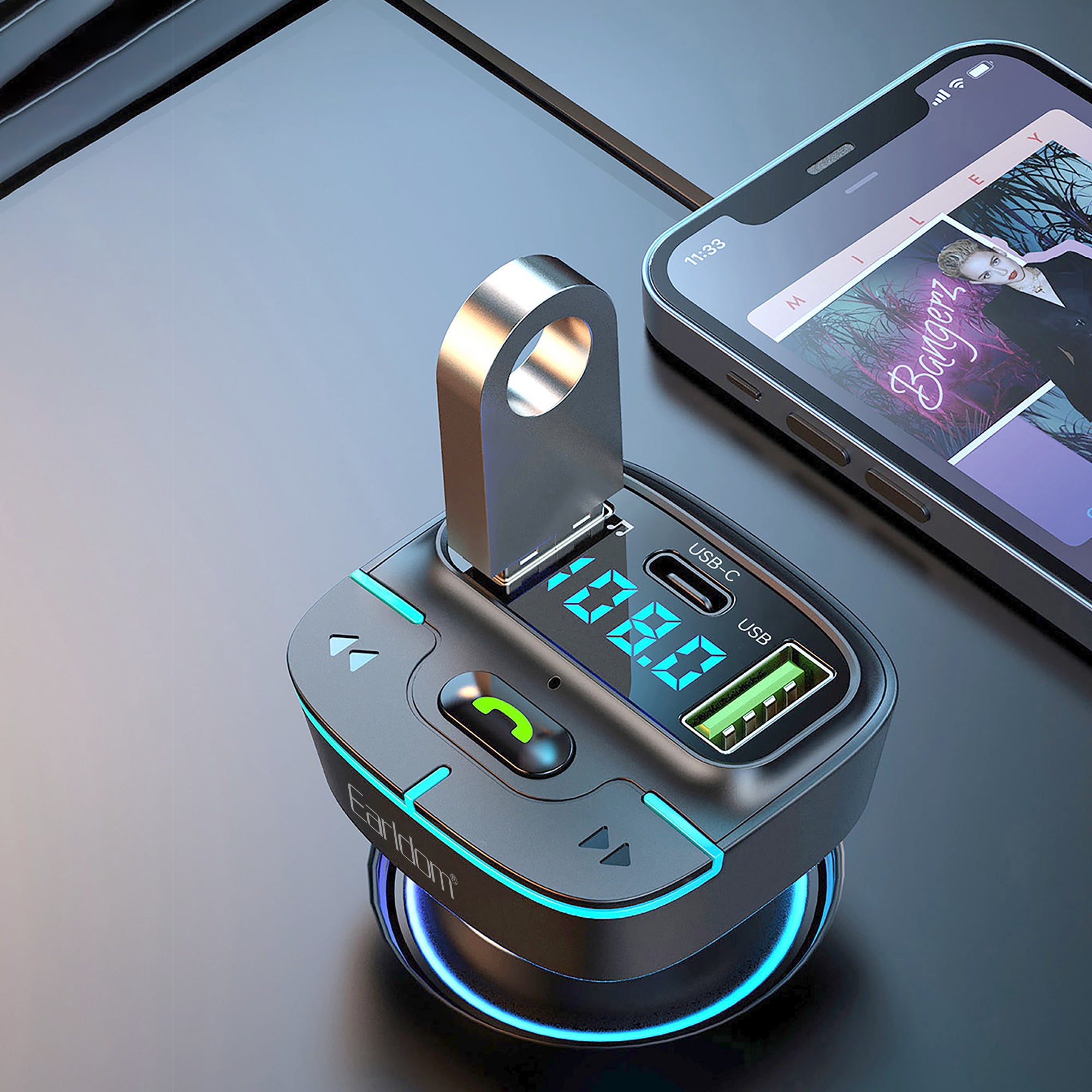 FM Трансмитер Earldom ET-M101, Bluetooth, USB, Type-C, 3.1A, Черен - 17766