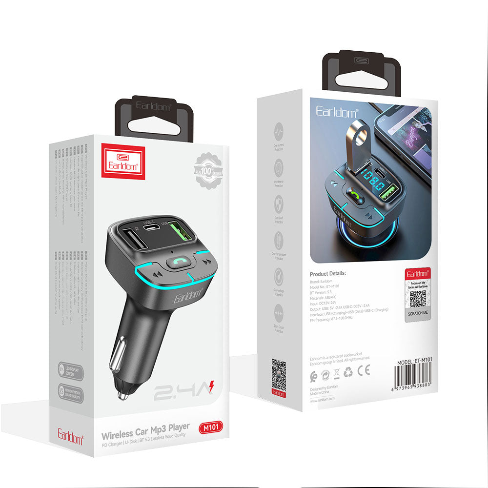 FM Трансмитер Earldom ET-M101, Bluetooth, USB, Type-C, 3.1A, Черен - 17766