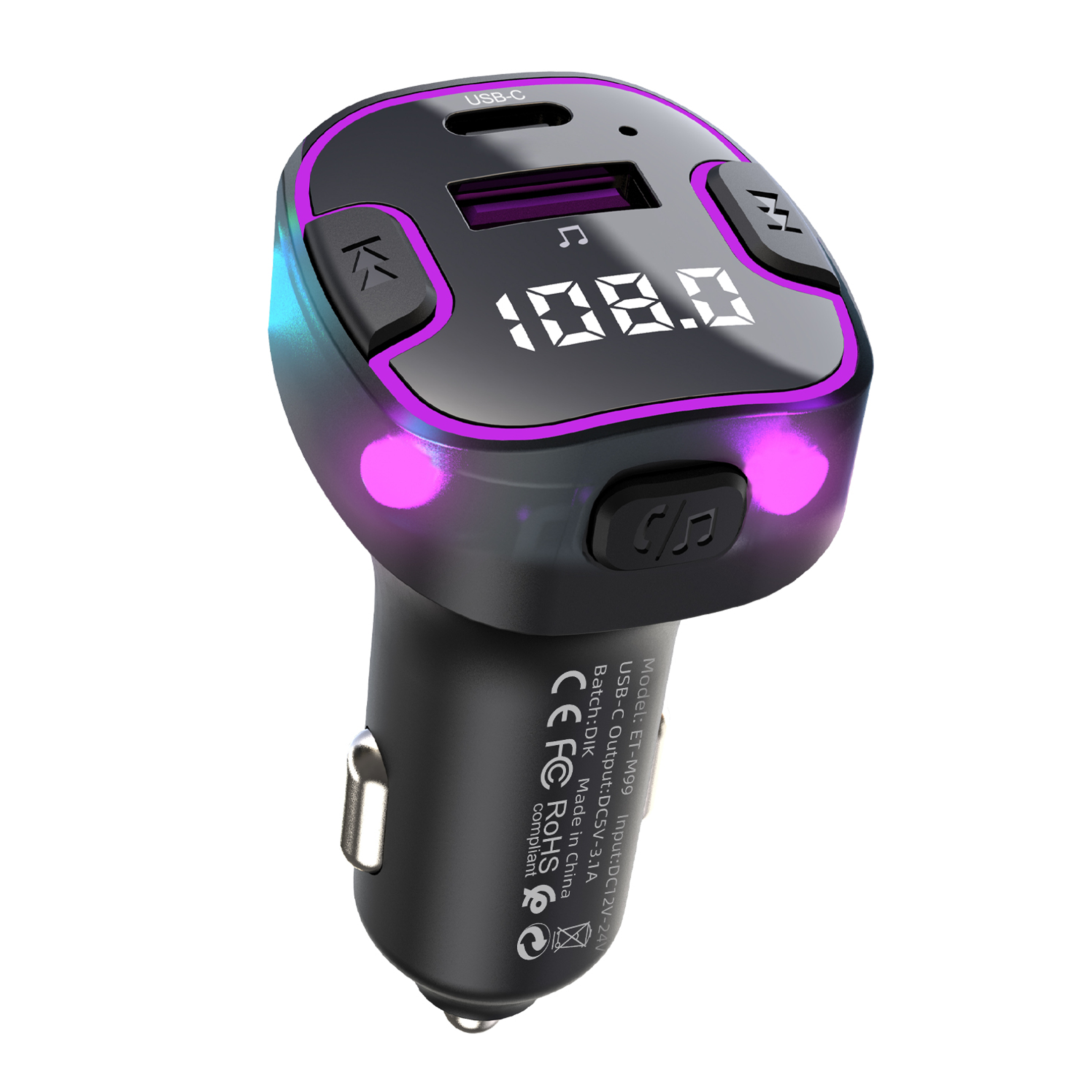FM Трансмитер Earldom ET-M99, Bluetooth, USB, Type-C, QC, 3.1A, Черен - 17767