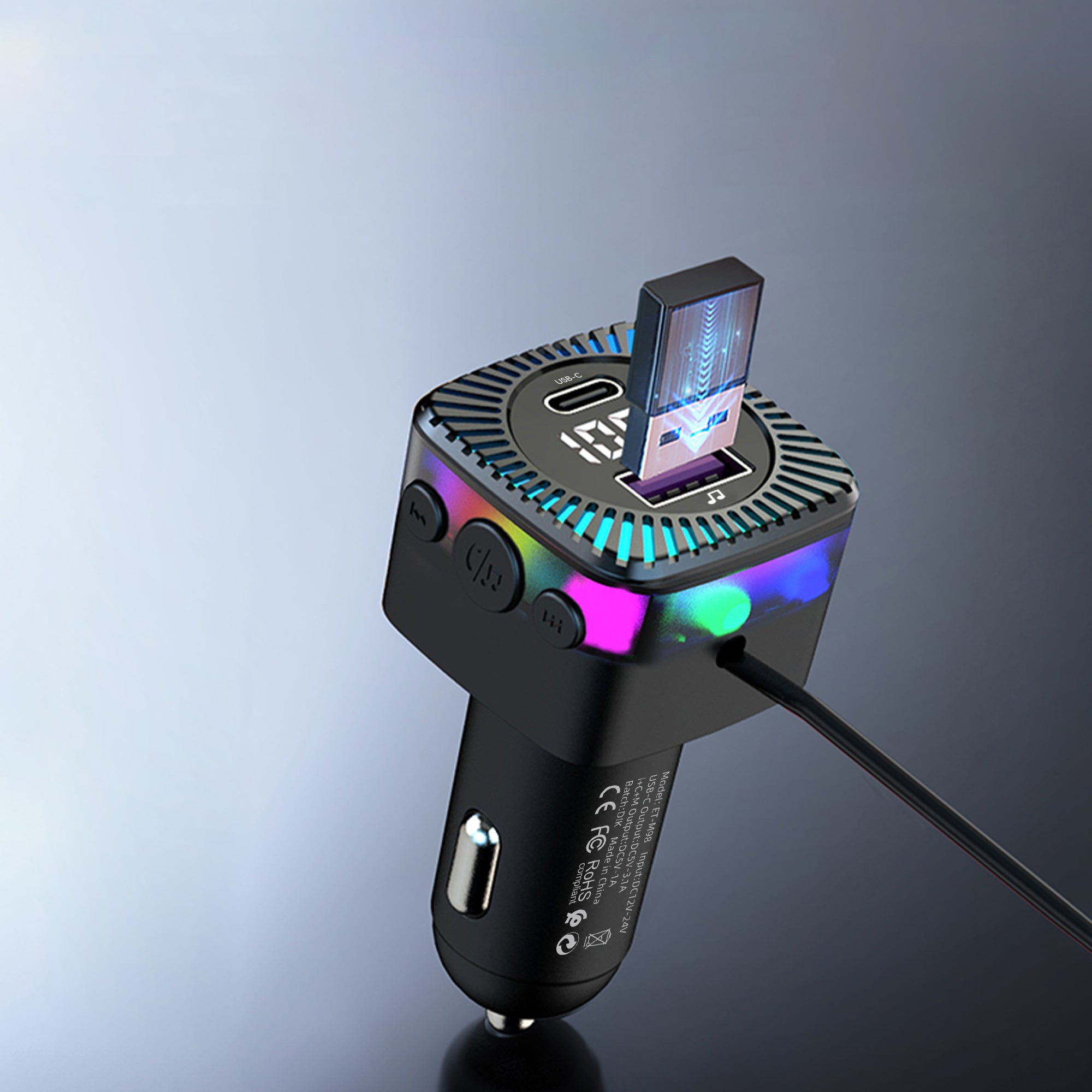 FM Трансмитер Earldom ET-M98, Bluetooth, USB, Type-C, 3.1A, С кабел 3 в 1, Черен - 17768